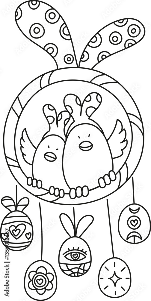 boho easter Coloring page featuring whimsical birds and decorative eggs. in doodle style boho easter Coloring page featuring whimsical birds and decorative eggs. in doodle style