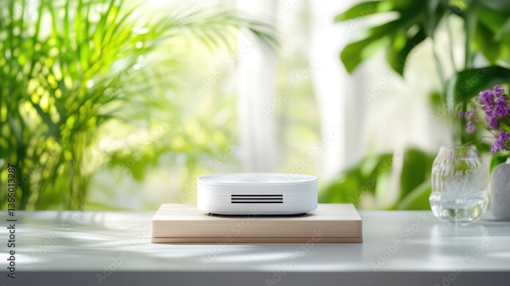 Compact white device on light wooden surface, surrounded by greenery and natural light Compact white device on light wooden surface, surrounded by greenery and natural light