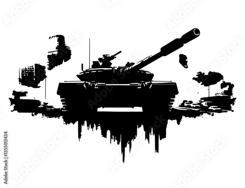 modern battle tank in destroyed urban skyline
