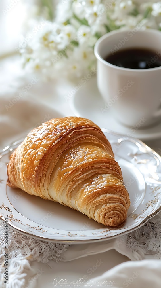 Parisian breakfast scene with croissant and coffee high resolution picture Parisian breakfast scene with croissant and coffee high resolution picture