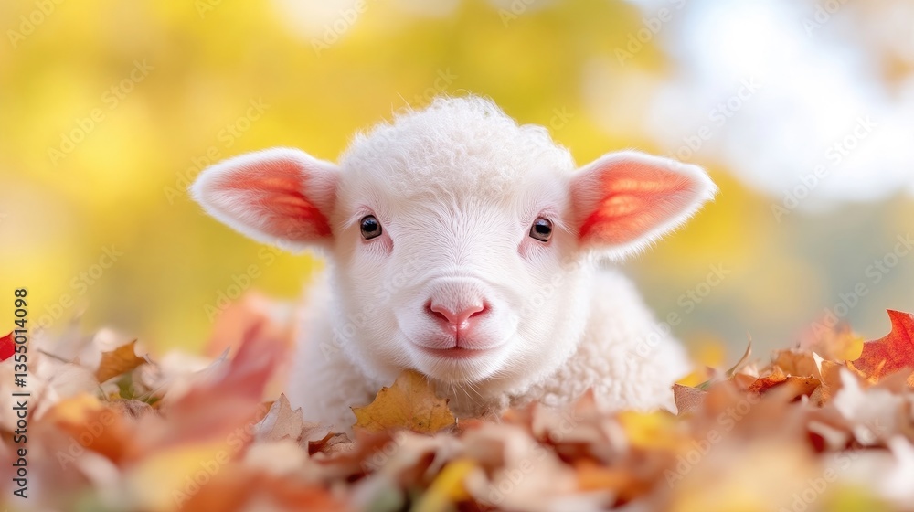 Naklejka premium Adorable lamb in autumn leaves