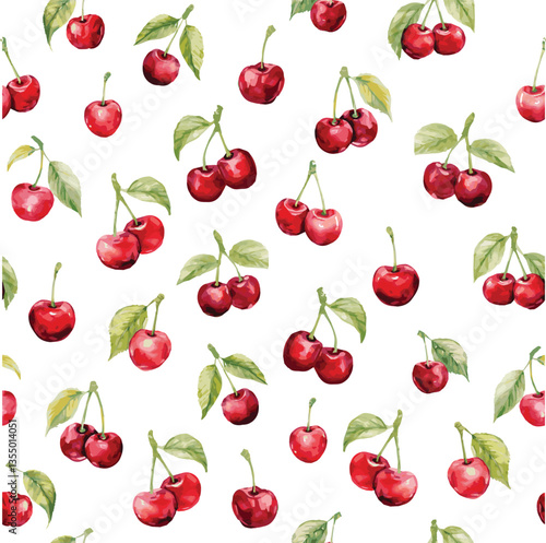 Seamless vector pattern with watercolor illustrated red cherries