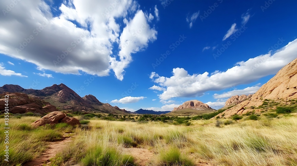 Breathtaking landscape with rocky mountains and a stunning blue sky adorned with fluffy clouds : Generative AI Breathtaking landscape with rocky mountains and a stunning blue sky adorned with fluffy clouds : Generative AI
