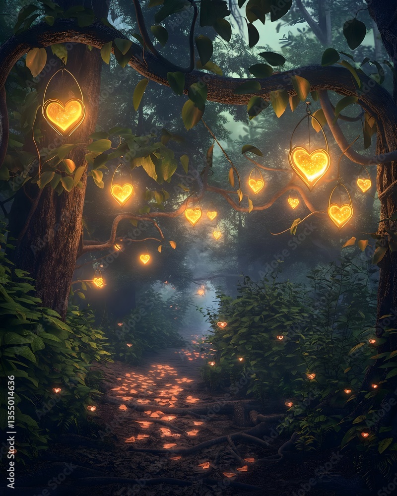 Obraz premium Heart-Shaped Lights in a Magical Forest Path