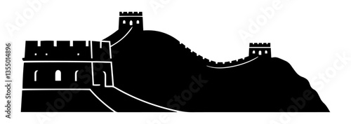 great wall of china on hills black vector print shape engraving silhouette