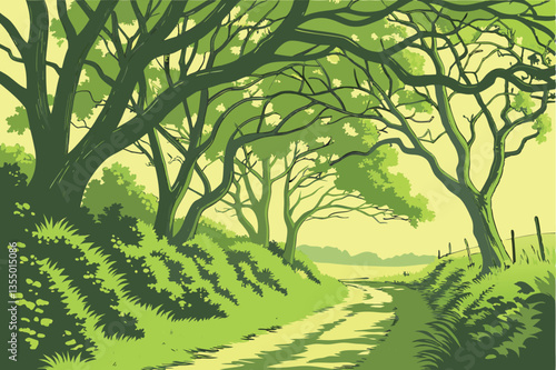 13 Tree-lined country road, lush green canopy, dappled sunlight, peaceful pathway, rural landscape, verdant foliage, spring scenery, tranquil nature walk, arching branches, sun-dappled path, idyllic c