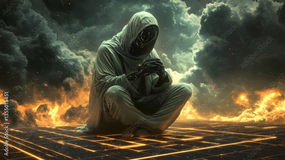 A mysterious hooded figure, adorned with a starry, dark void face, sits contemplatively in a futuristic, fiery landscape with dramatic clouds and illuminated grid floor.. AI Generation A mysterious hooded figure, adorned with a starry, dark void face, sits contemplatively in a futuristic, fiery landscape with dramatic clouds and illuminated grid floor.. AI Generation