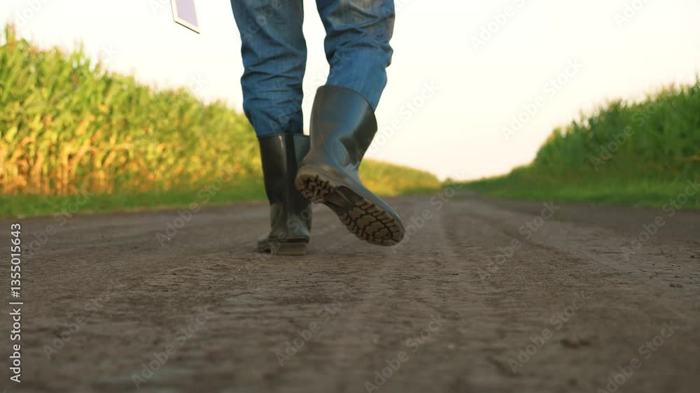 farmer walks fertile soil rubber boots corn field, technology agriculture, green field eco corn soil, businesslike farmer rubber boots, agricultural industry using digital technologies businesslike farmer walks fertile soil rubber boots corn field, technology agriculture, green field eco corn soil, businesslike farmer rubber boots, agricultural industry using digital technologies businesslike
