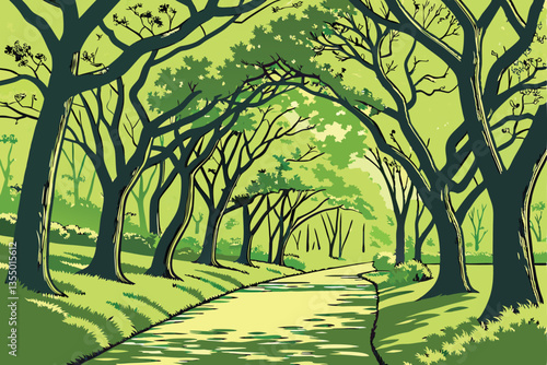 14 Tree-lined path, lush green canopy, dappled sunlight, spring foliage, tranquil park scene, winding walkway, symmetrical rows of trees, peaceful nature, verdant landscape, serene atmosphere, shadowy