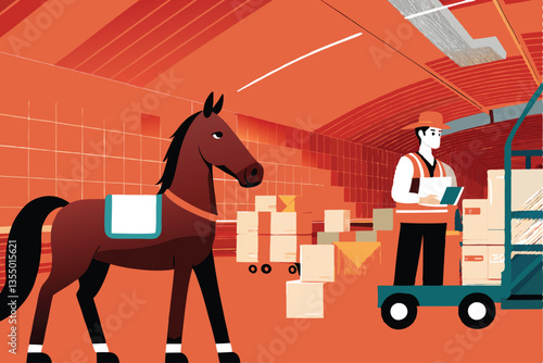 A whimsical illustration of a horse, in business attire, overseeing the loading of cargo onto a ship in a busy warehouse.