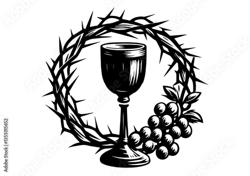 eucharistic chalice inside crown of thorns with grapes