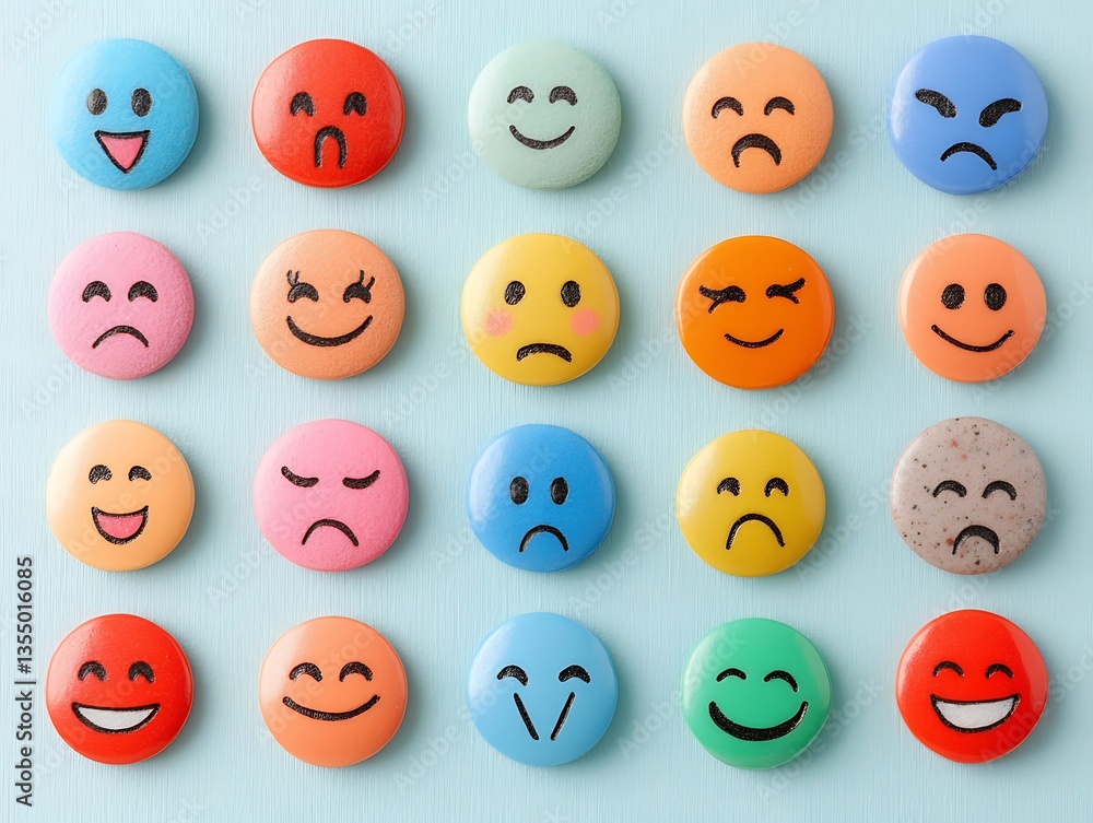 Colorful Emoticon Buttons on Light Blue Background. Colorful Emoticon Buttons on Light Blue Background.