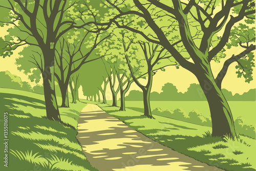 14 Tree-lined path, lush green canopy, dappled sunlight, spring foliage, tranquil park scene, winding walkway, symmetrical rows of trees, peaceful nature, verdant landscape, serene atmosphere, shadowy
