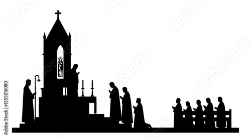 catholic mass silhouette with priests and congregation at altar