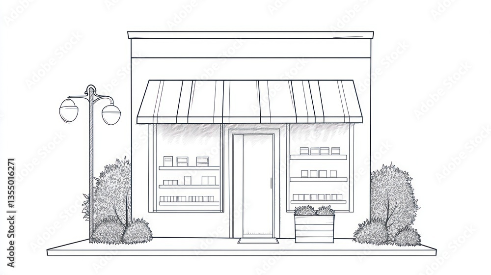 Fototapeta premium Simple storefront sketch, urban setting, line art, bakery display