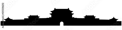 traditional asian temple gate silhouette with layered rooftops