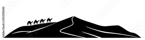 silhouette of camels walking along a winding path on a dune