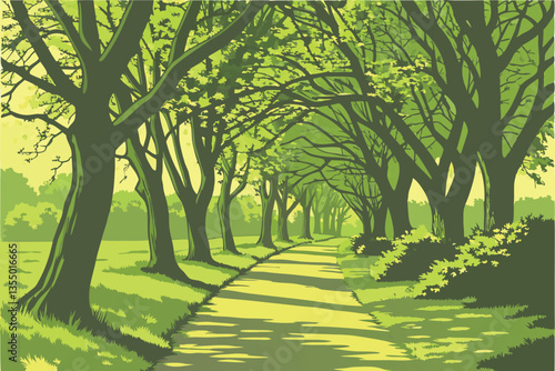 14 Tree-lined path, lush green canopy, dappled sunlight, spring foliage, tranquil park scene, winding walkway, symmetrical rows of trees, peaceful nature, verdant landscape, serene atmosphere, shadowy