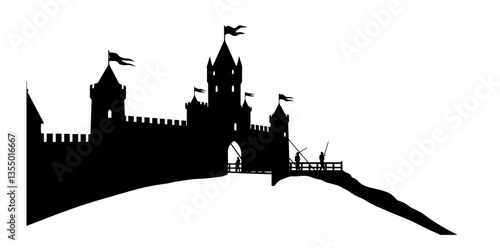 fairy tale castle silhouette on hill with flags and towers