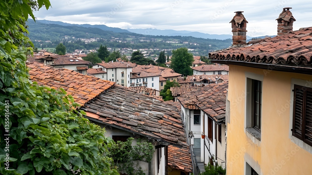 Charming view of old Italian buildings with terracotta roofs surrounded by lush greenery : Generative AI Charming view of old Italian buildings with terracotta roofs surrounded by lush greenery : Generative AI