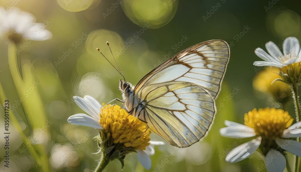 Obraz premium Butterfly Perched on a White Flower with Yellow Center in Natural Light