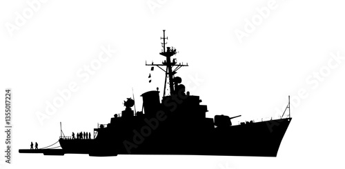 navy warship docked at harbor black vector silhouette