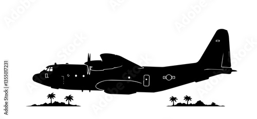 military cargo aircraft flying over desert black vector silhouette