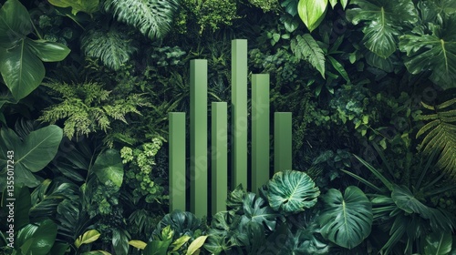 A green-themed bar chart emerges from a lush jungle of tropical plants, symbolizing growth and sustainability. Ideal for eco-friendly businesses, nature analytics, and green economy concepts.. AI