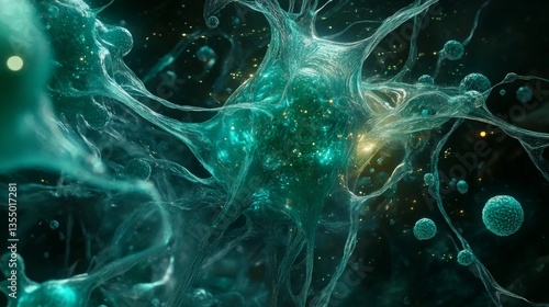Fototapeta Naklejka Na Ścianę i Meble -  Intricate 3D rendering showcasing the interconnected structure of neurons, highlighted by a glowing, bioluminescent appearance. Perfect for science or technology-themed projects.. AI Generation
