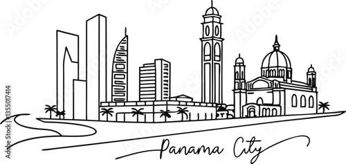 Panama city skyline, featuring its iconic landmarks in a trendy continuous-line style, perfect for home wall decor or poster art in a white background.