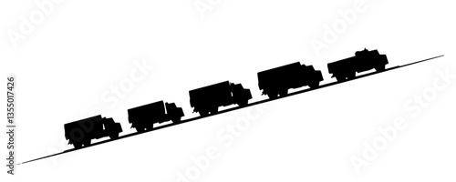 military convoy of trucks driving uphill black vector silhouette