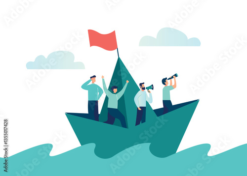 Leadership to lead business in crisis, teamwork or support to achieve target, vision or forward strategy for success concept, businessman leader with binoculars lead business team sailing origami ship