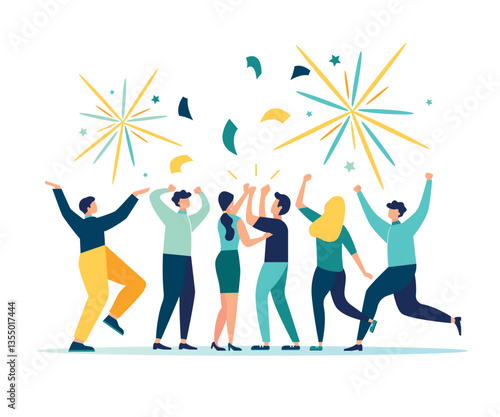 Vector illustration, people having fun and celebrating, doing decoration, holding a corporate party in the office at work