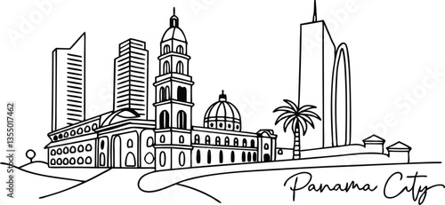Panama city skyline, featuring its iconic landmarks in a trendy continuous-line style, perfect for home wall decor or poster art in a white background.