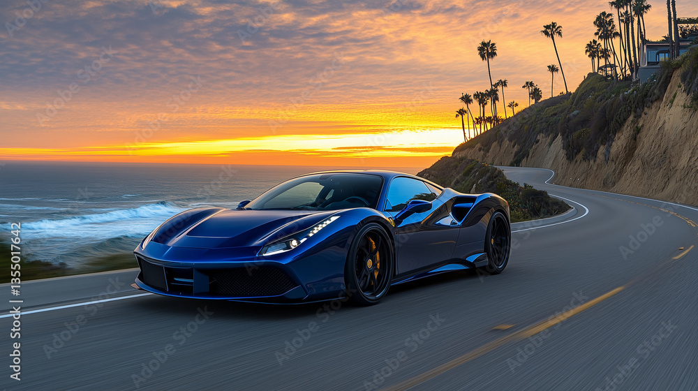 High-Speed Luxury Supercar Driving on a Coastal Road at Sunset High-Speed Luxury Supercar Driving on a Coastal Road at Sunset