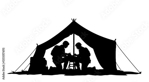 soldiers planning at table inside military tent black vector silhouette