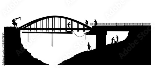 bridge construction with workers and machinery black vector silhouette