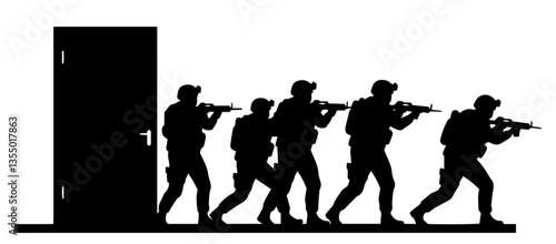 tactical team entering building with rifles black vector silhouette