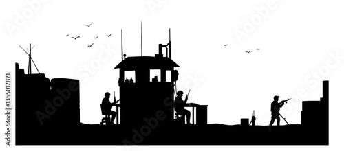 military base with soldiers and watchtower black vector silhouette