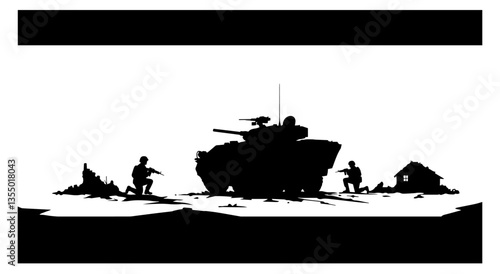 armored vehicle with soldiers in destroyed area black vector silhouette