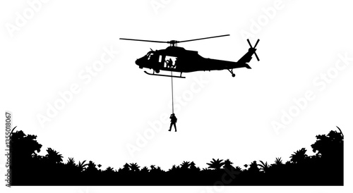 helicopter lowering soldier on rope over forest black vector silhouette