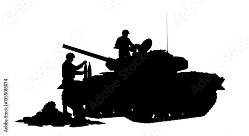 soldiers operating tank with cannon black vector silhouette