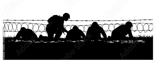 soldiers crawling under barbed wire black vector silhouette