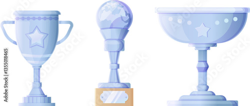 Collection of silver and blue trophies with unique star and crown details.