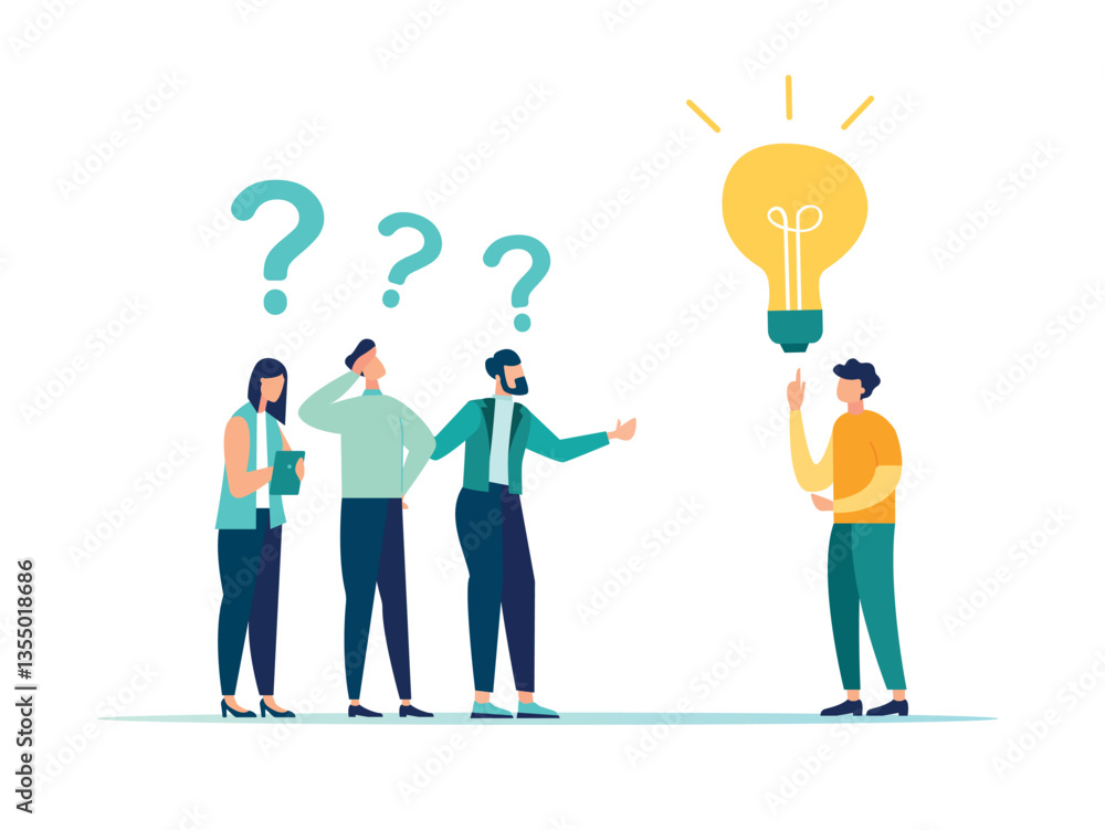Answering a question, solving a problem with an idea, questions and answers or frequently asked questions, information support concept, vector illustration Answering a question, solving a problem with an idea, questions and answers or frequently asked questions, information support concept, vector illustration