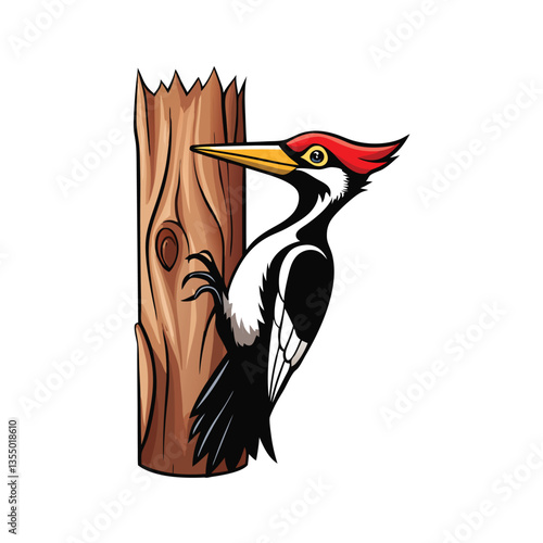 Detailed illustration of an Ivory-billed Woodpecker fiercely pecking at a tree, showcasing its vibrant plumage and powerful beak.  Emphasis on realistic detail and dynamic pose.