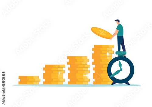Long-term investment or savings concept of tax time reminder, businessman puts more dollar coins on the alarm clock, increase savings, vector illustration