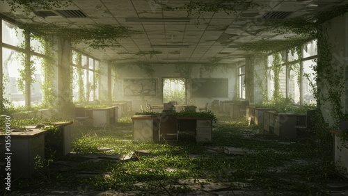 Overgrown abandoned classroom features school desks covered with vines. Nature reclaiming building interior; post-apocalyptic desolation; symbolizes neglect, environmental disaster, resilience.