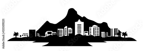 city skyline with palm trees and mountain background black vector silhouette