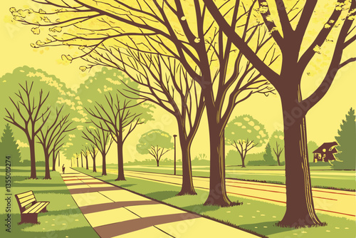 15 Tree-lined avenue, spring foliage, urban park, lush green grass, sunlit pathway, golden hour, tranquil atmosphere, vibrant colors, parallel roads, peaceful neighborhood, idyllic cityscape, dappled 